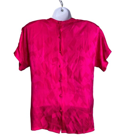 Vintage 90s Oleg Cassini Women's Hot Pink Geometric Silk Blouse Size 8 Glam Bold - Picture 2 of 10